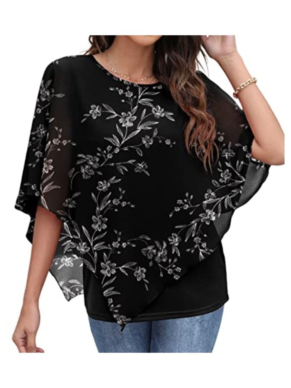 Women's Chiffon Flowy Loose Fit Blouse Short Sleeve Round Neck Summer Casual Top